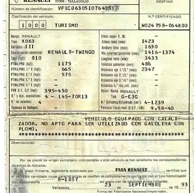 Утилизация автомобиля renault twingo (co6) 1.3 (c063/64) года 1993 питание c3ga700