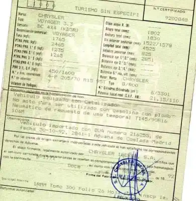 Scrapping Vehicle chrysler voyager (es) 3.3 cat of the year 1992 powered g/r00