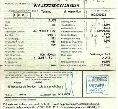 Veículo de Sucata audi a4 berlina (b5) 1.9 tdi do ano 2000 alimentado atj