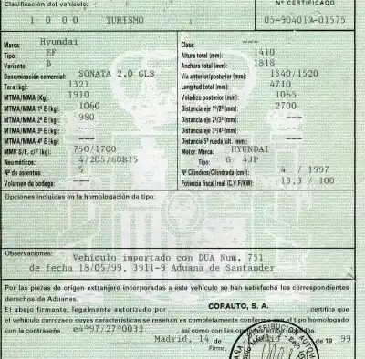 Утилизация автомобиля hyundai sonata (y4) 2.0i 16v gls года 1999 питание g 4jp