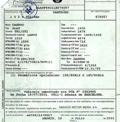 Scrapping Vehicle daewoo lanos 1.4 cat of the year 2001 powered a13sms