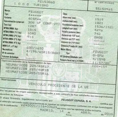 Sloopvoertuig peugeot 308 i (4a_, 4c_) 1.6 16v van het jaar 2008 aangedreven 5fw