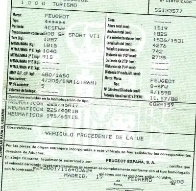 Veículo de Sucata peugeot 308 sport do ano 2008 alimentado 5fw