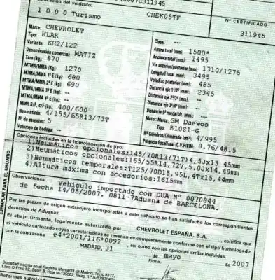 Veicolo di demolizione chevrolet matiz 1.0 cat dell'anno 2007 alimentato b10s1-g