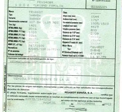 Утилизация автомобиля peugeot 307 break / sw (s1) 2.0 hdi fap cat года 2003 питание rhs Утилизация автомобиля peugeot 307 break / sw (s1) 2.0 hdi fap cat года 2003 питание rhs