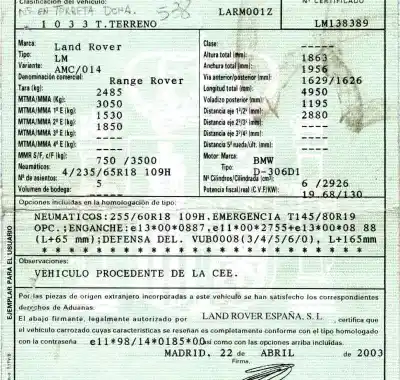 Здавання транспортного засобу land rover range rover (lm) 3.0 td6 року 2003 потужний 306d1