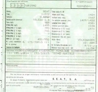 Scrapping Vehicle seat toledo (1l) 1.6 of the year 1992 powered abn