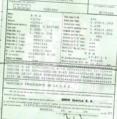 Scrapping Vehicle bmw serie 3 berlina (e36) 318tds of the year 1997 powered 174t1d
