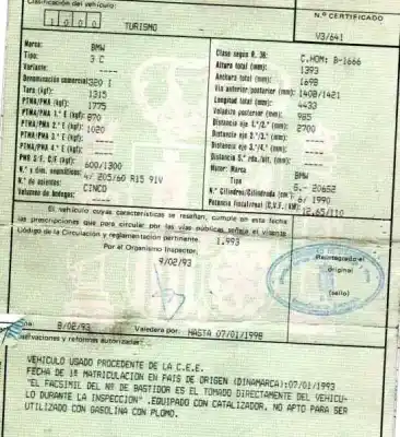 Veicolo di demolizione bmw serie 3 berlina (e36) 2.0 24v dell'anno 1993 alimentato 206s2