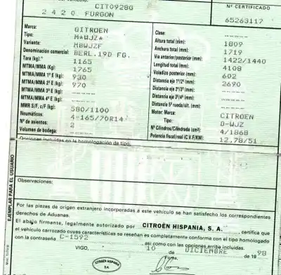 Scrapping Vehicle citroen berlingo 1.9 d multispace of the year 1998 powered wjz