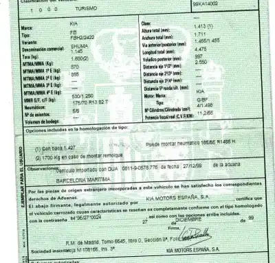 Veicolo di demolizione kia shuma 1.5 cat dell'anno 1999 alimentato g/bf