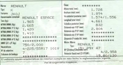 Veicolo di demolizione renault espace iv (jk0) dynamique dell'anno 2005 alimentato p9xa701