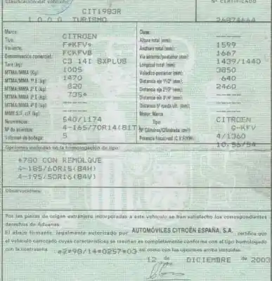 Scrapping Vehicle citroen c3 1.4 of the year 2003 powered kfv