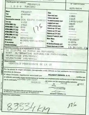 Véhicule à la ferraille peugeot 206 cc cc de l'année 2002 alimenté rfn
