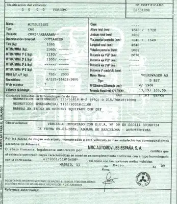 Vehicul casat mitsubishi                                         outlander (cw0)                                                                                                                                                                                                                                            2.0 di-d cat                                                                                                                                                                                                                                               al anului 2009 alimentat bsy