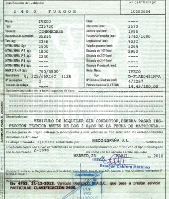 Veicolo di demolizione iveco daily iv furgón 35s14 c, 35s14 c/p, 35s14 v, 35s14 v/p, 35c14 v,... dell'anno 2010 alimentato f1ae0481h