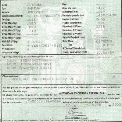 Veículo de Sucata citroen c2 (jm_) 1.4 do ano 2003 alimentado kfv