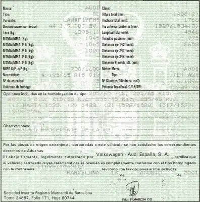 Scrapping Vehicle audi a4 berlina (8e) 1.9 tdi (96kw) of the year 2001 powered awx