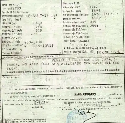 Scrapping Vehicle renault 19 (1989...) 1.4 of the year 1993 powered e7jp706