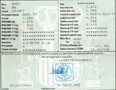 Veículo de Sucata audi tt (8n3/8n9) 1.8 t coupe (132kw) do ano 2003 alimentado ajq