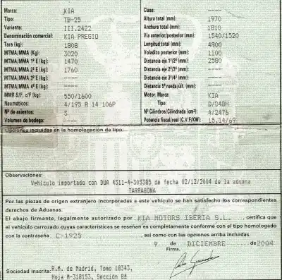 Утилизация автомобиля kia pregio ii (tb) (2004 =>) 2.5 года 2004 питание d4bh