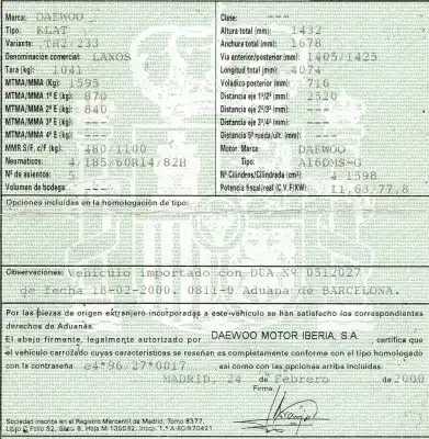 Scrapping Vehicle daewoo lanos 1.6 cat of the year 2000 powered a16dms