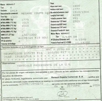 Veicolo di demolizione renault megane ii coupé-cabriolet (em0/1_) 1.6 16v dell'anno 2006 alimentato k4m d8