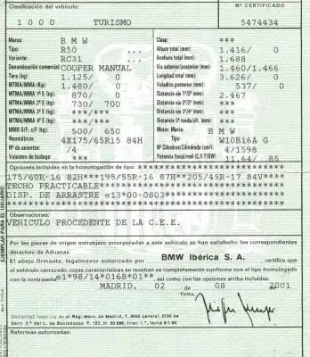 Véhicule à la ferraille mini mini (r50, r53) cooper de l'année 2001 alimenté w10 b16 a