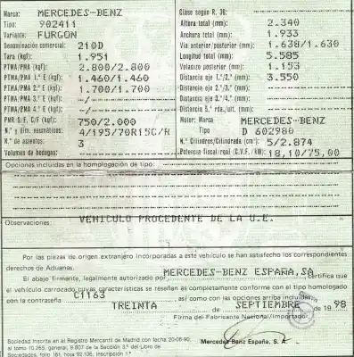 Scrapping Vehicle mercedes-benz sprinter (w901,w903) combi 2.9 turbodiesel of the year 1998 powered 602980