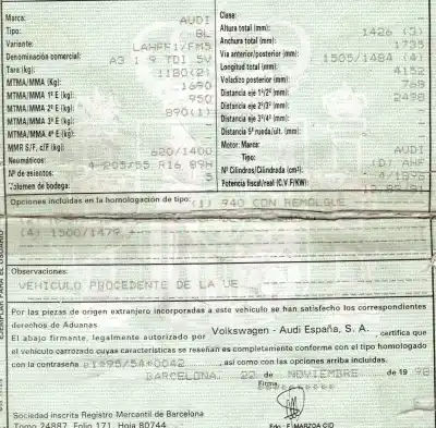 Утилизация автомобиля audi a3 (8l) 1.9 tdi года 1998 питание ahf
