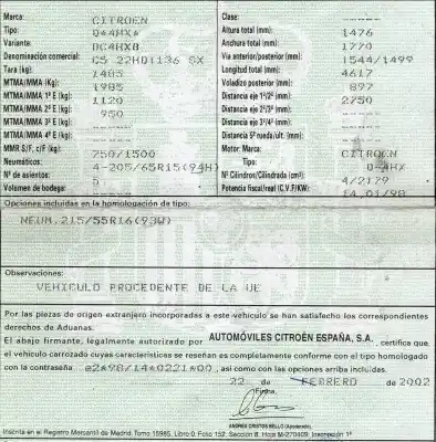 Scrapping Vehicle citroen c5 berlina 2.2 hdi vivace of the year 2002 powered 4hx