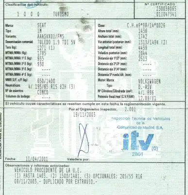 Veículo de Sucata seat toledo ii (1m2) 1.9 tdi do ano 2001 alimentado asv