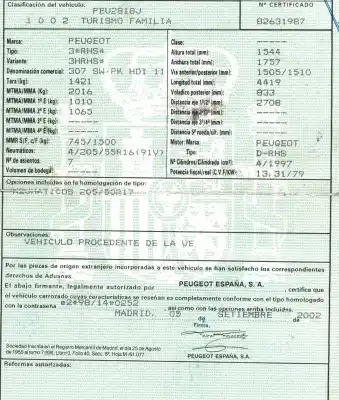 Здавання транспортного засобу peugeot 307 break / sw (s1) 2.0 hdi fap cat року 2002 потужний rhs