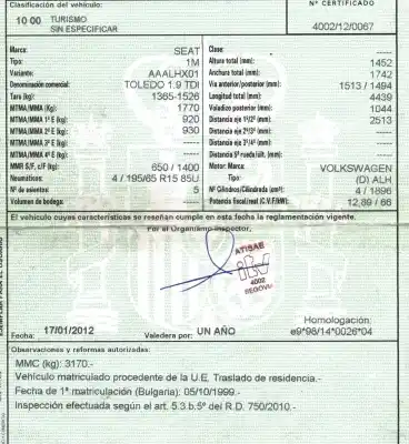 Scrapping Vehicle seat toledo (1m2) 1.9 tdi of the year 1999 powered alh