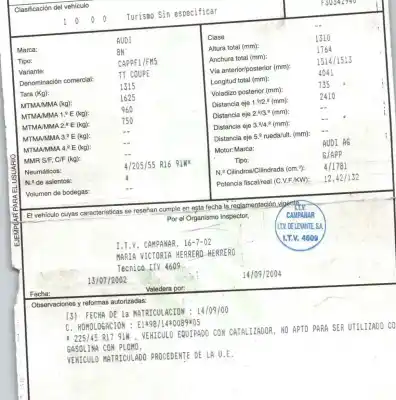 Утилизация автомобиля audi tt (8n3) 1.8 t года 2000 питание app