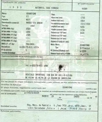 Здавання транспортного засобу ssangyong musso (fj) 2.3 tdic a las 4 ruedas року 1999 потужний sy661la