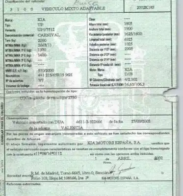 Veículo de Sucata kia carnival ii (gq) 2.9 crdi do ano 2002 alimentado j3(crdi)