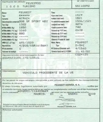 Veículo de Sucata peugeot 308 sport do ano 2008 alimentado 9hz