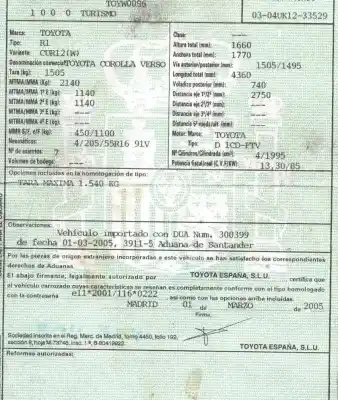 Hurda Aracı toyota corolla verso (zer_, zze12_, r1_) 2.0 d-4d (cur10_) yılın 2005 güçlü 1cdftv