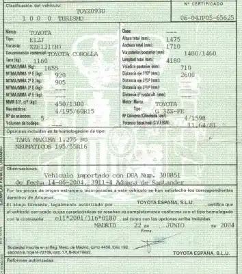 Scrapping Vehicle toyota corolla (_e12_) 1.6 vvt-i (zze121_) of the year 2004 powered 3zzfe