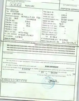 Veículo de Sucata renault 19 ii chamade (l53_) 1.4 do ano 1992 alimentado e6ja700