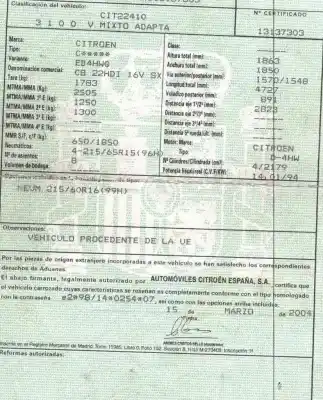 Veículo de Sucata citroen c8 (ea_, eb_) 2.2 hdi do ano 2004 alimentado 4hw (dw12ted4)