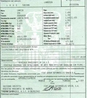 Veículo de Sucata lancia musa (350_) 1.4 (350.axf1a) do ano 2010 alimentado 843a1000