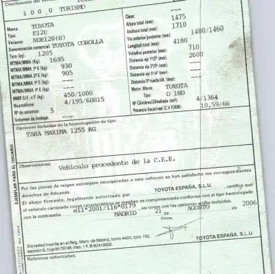 Veículo de Sucata toyota corolla (_e12_) 1.4 d (nde120_) do ano 2006 alimentado 1nd