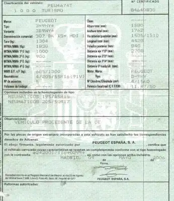 Здавання транспортного засобу peugeot 307 break/sw (s2) 1.6 16v cat року 2006 потужний 9hy