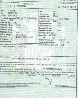 Здавання транспортного засобу toyota auris (_e15_) 1.33 dual-vvti (nre150_) року 2009 потужний 1nr