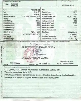 Утилизация автомобиля peugeot 307 break/sw (s2) 1.6 16v cat года 2007 питание 9hz