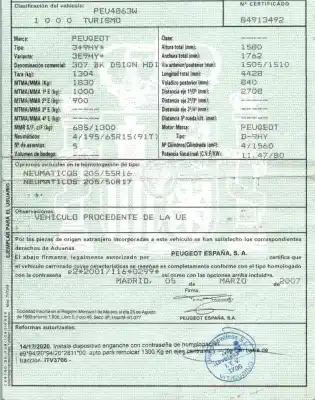 Здавання транспортного засобу peugeot 307 break/sw (s2) 1.6 16v cat року 2007 потужний 9hy