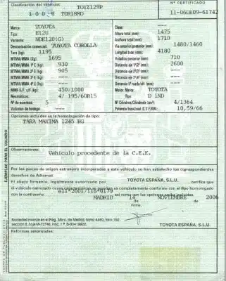 Scrapping Vehicle toyota corolla (_e12_) 1.4 d (nde120_) of the year 2006 powered 1nd