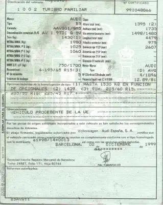 Scrapping Vehicle audi a4 avant (b5) 1.9 tdi quattro of the year 1999 powered 